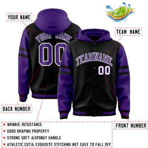 Custom Black Purple Raglan Sleeves Varsity Full-Snap Letterman Three Stripes Hoodie Jacket