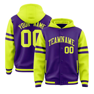 Custom Purple Fluorescent Green Raglan Sleeves Varsity Full-Snap Letterman Three Stripes Hoodie Jacket