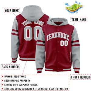 Custom Crimson Silver Raglan Sleeves Varsity Full-Snap Letterman Three Stripes Hoodie Jacket