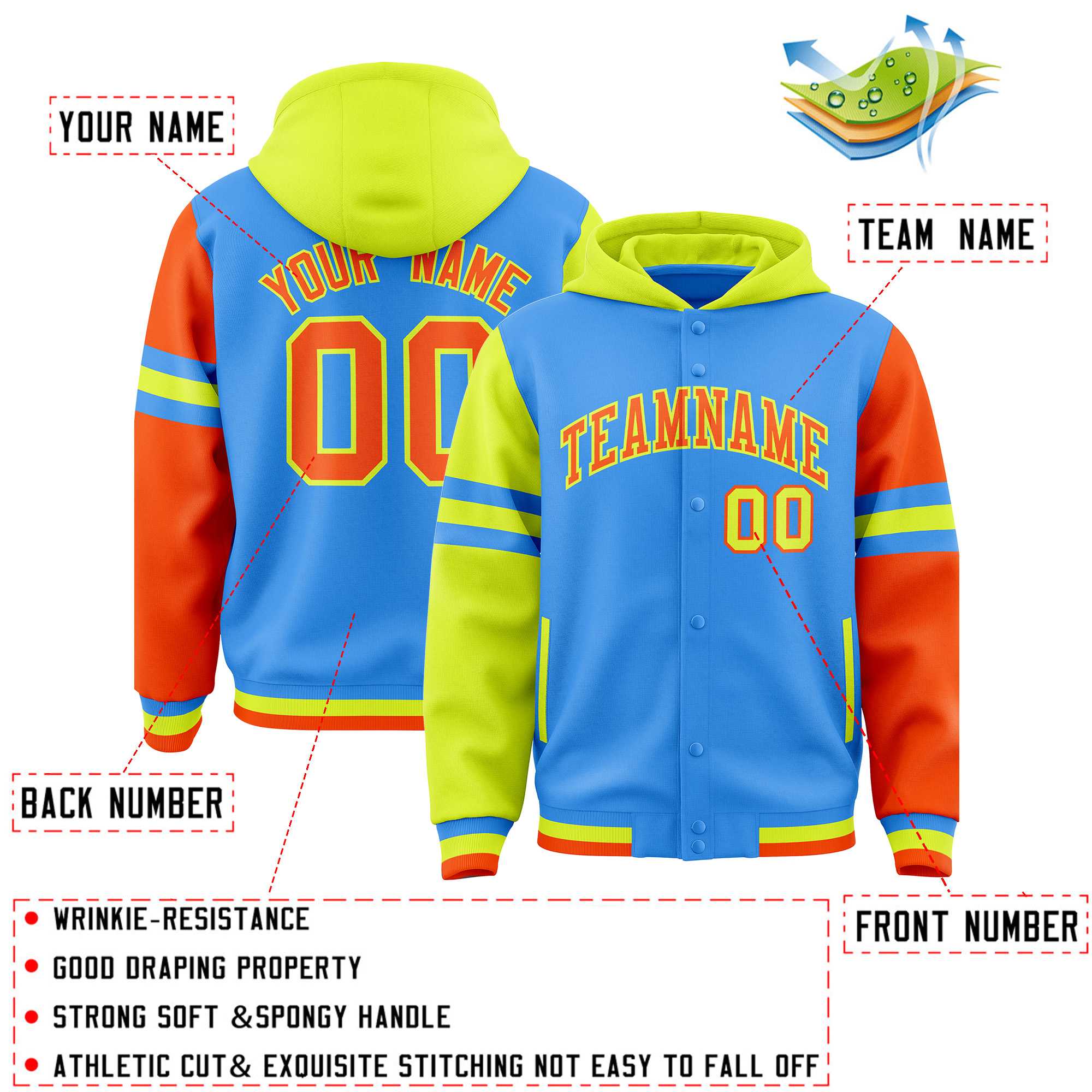 Custom Powder Blue Fluorescent Green-Orange Raglan Sleeves Varsity Full-Snap Letterman Three Stripes Hoodie Jacket