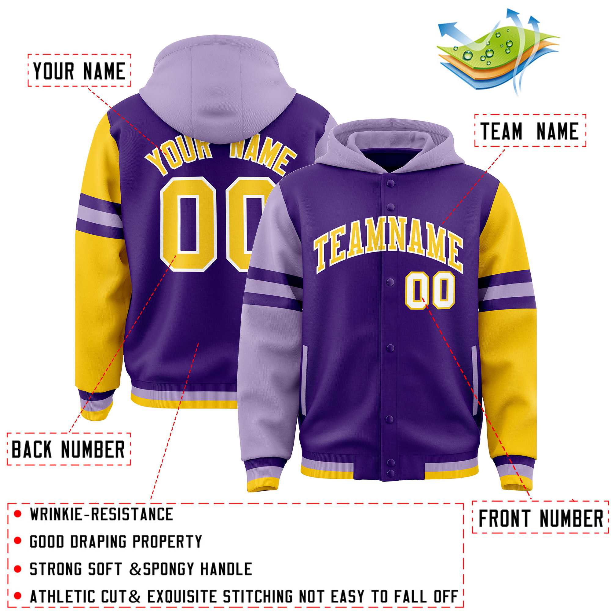 Custom Purple Light Purple-Gold Raglan Sleeves Varsity Full-Snap Letterman Three Stripes Hoodie Jacket