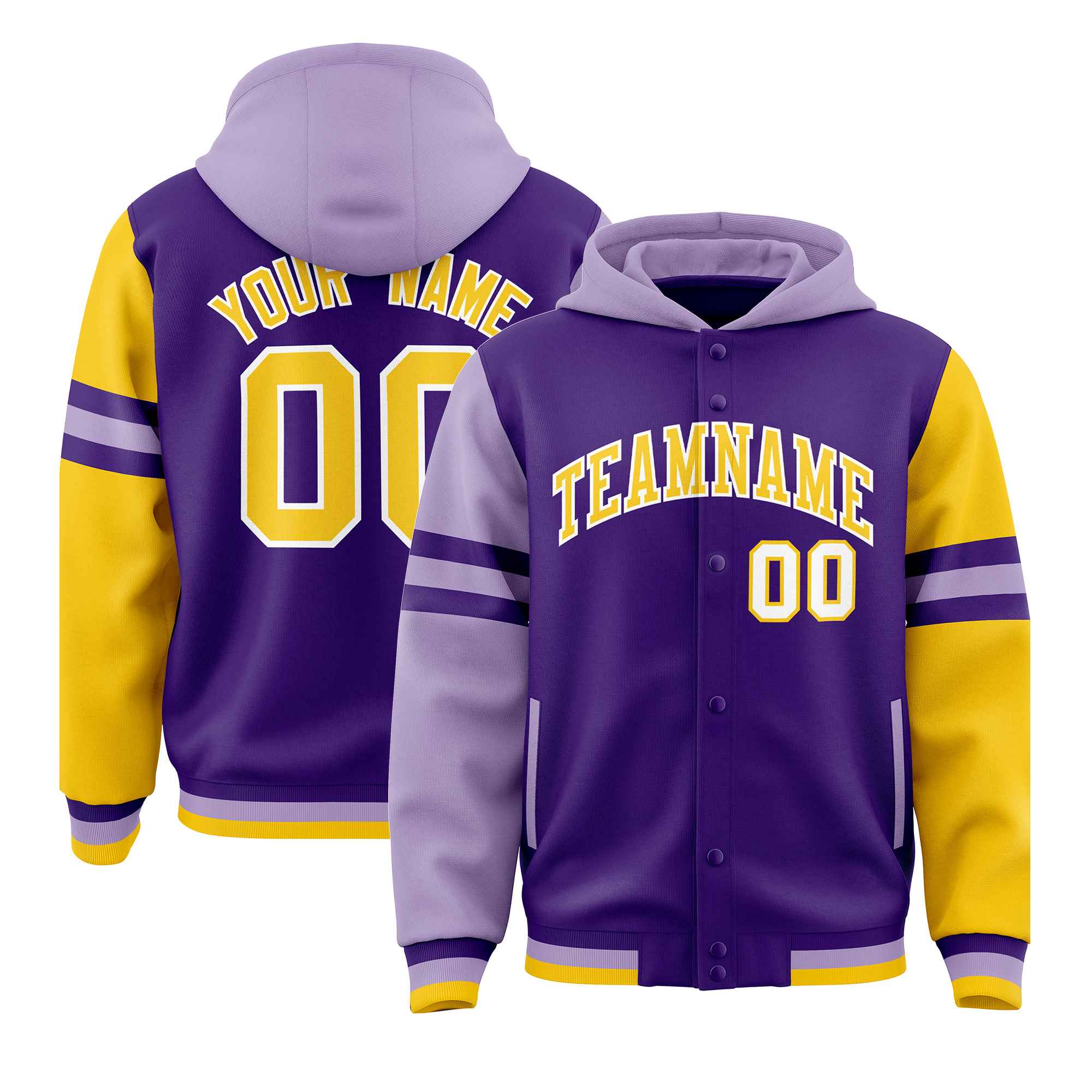 Custom Purple Light Purple-Gold Raglan Sleeves Varsity Full-Snap Letterman Three Stripes Hoodie Jacket