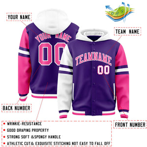 Custom Purple White-Pink Raglan Sleeves Varsity Full-Snap Letterman Three Stripes Hoodie Jacket