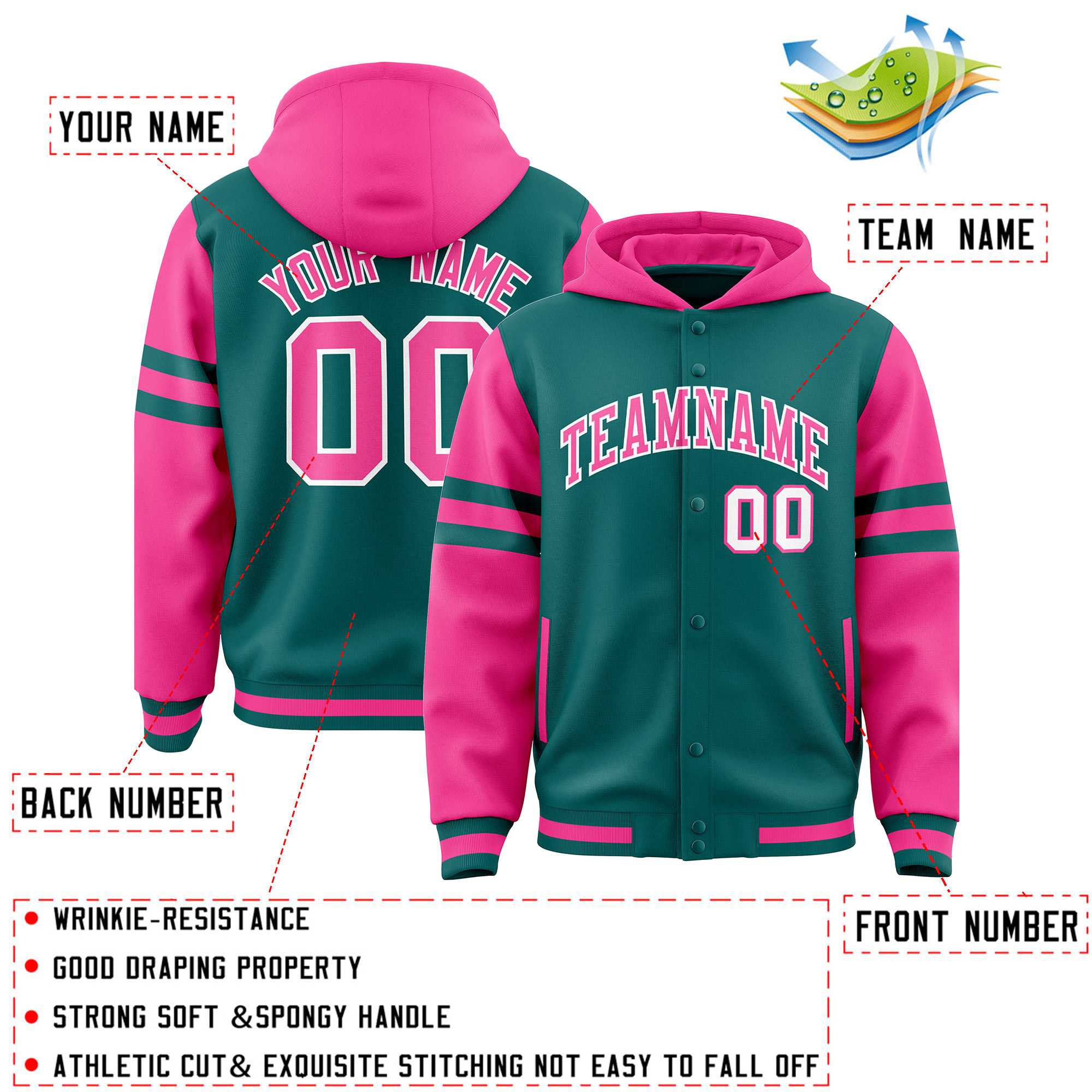 Custom Aqua Pink Raglan Sleeves Varsity Full-Snap Letterman Three Stripes Hoodie Jacket