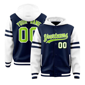 Custom Navy White Raglan Sleeves Varsity Full-Snap Letterman Three Stripes Hoodie Jacket