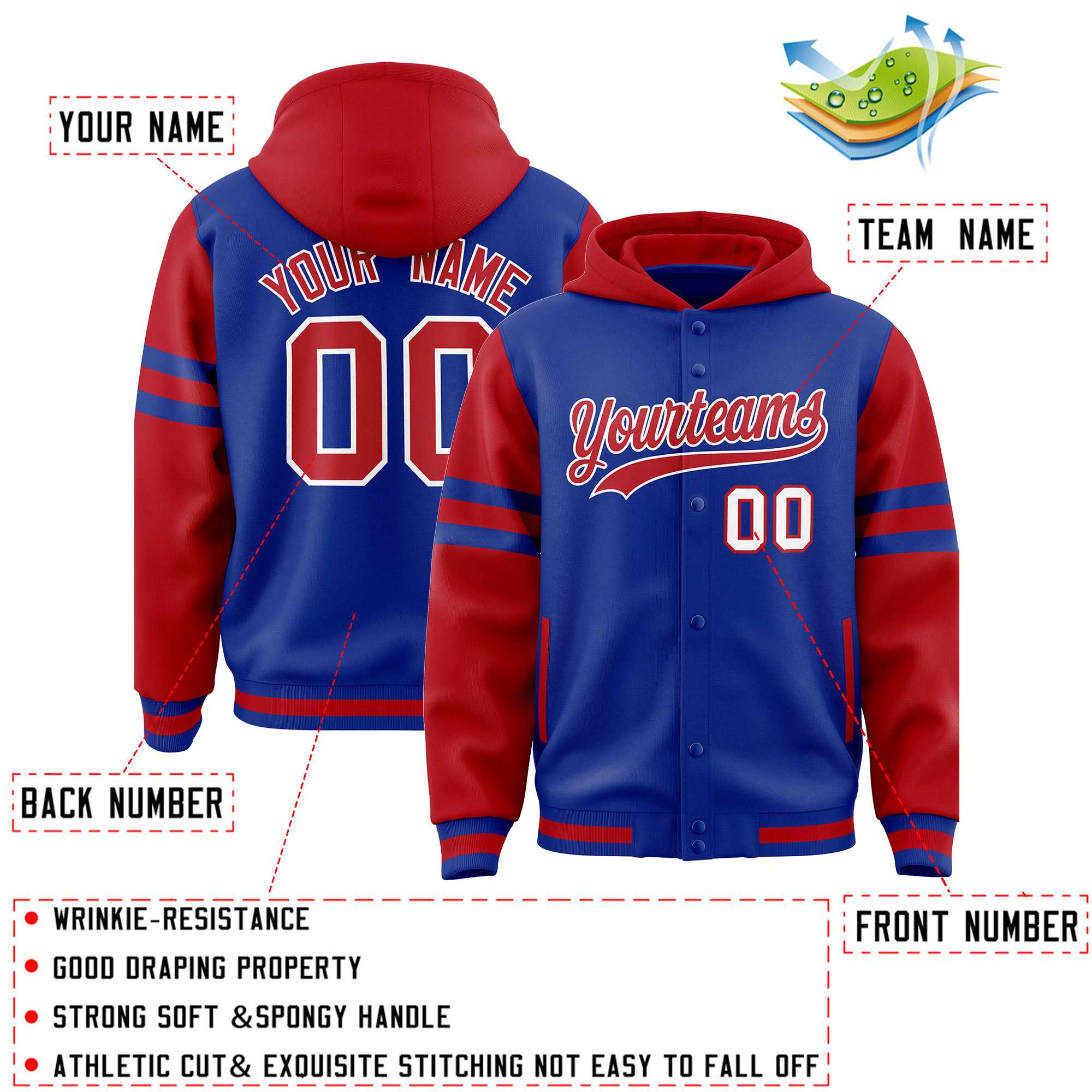 Custom Royal Red Raglan Sleeves Varsity Full-Snap Letterman Three Stripes Hoodie Jacket