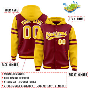 Custom Crimson Gold Raglan Sleeves Varsity Full-Snap Letterman Three Stripes Hoodie Jacket