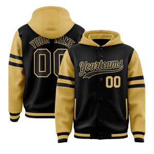 Custom Black Old Gold Raglan Sleeves Varsity Full-Snap Letterman Three Stripes Hoodie Jacket