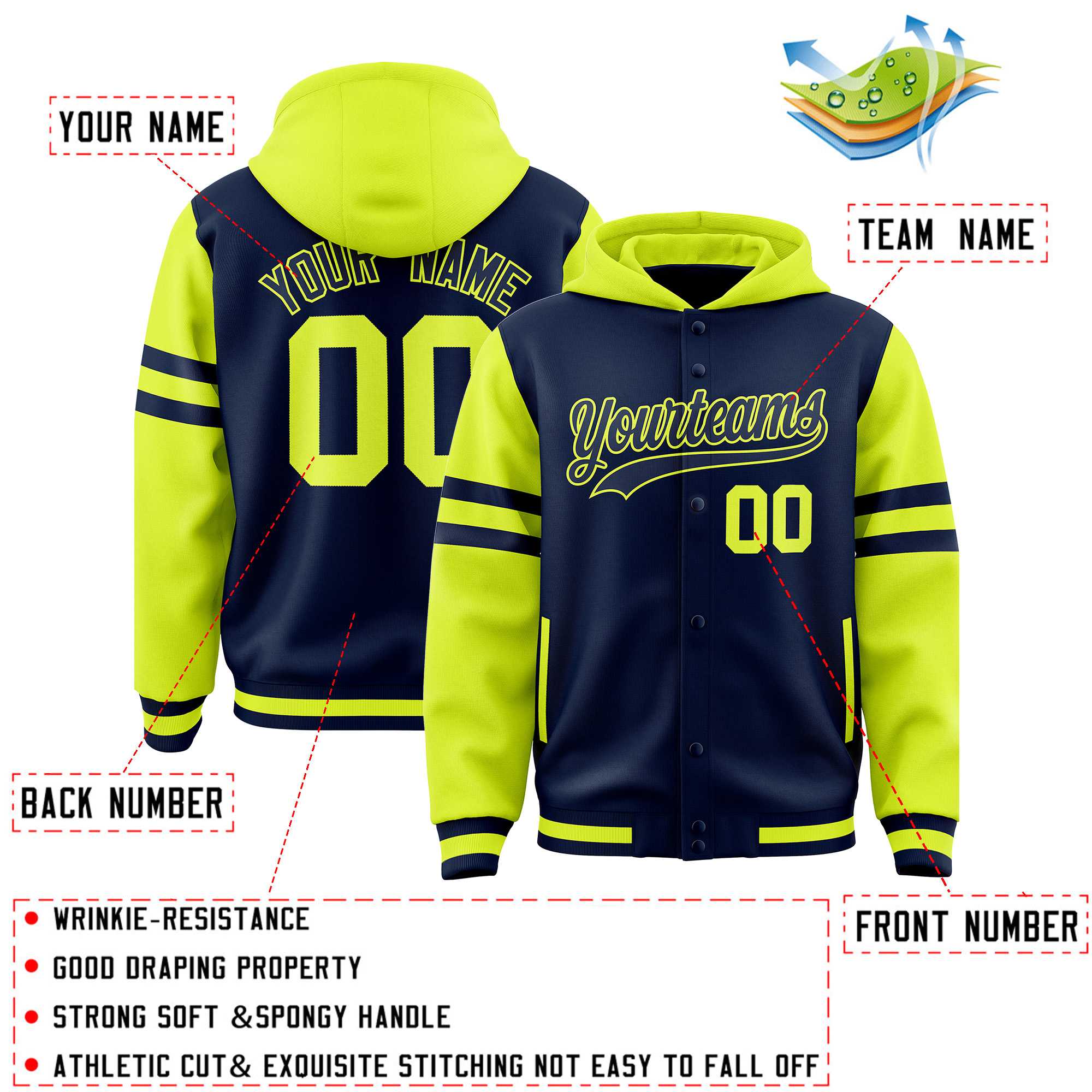 Custom Navy Fluorescent Green Raglan Sleeves Varsity Full-Snap Letterman Three Stripes Hoodie Jacket