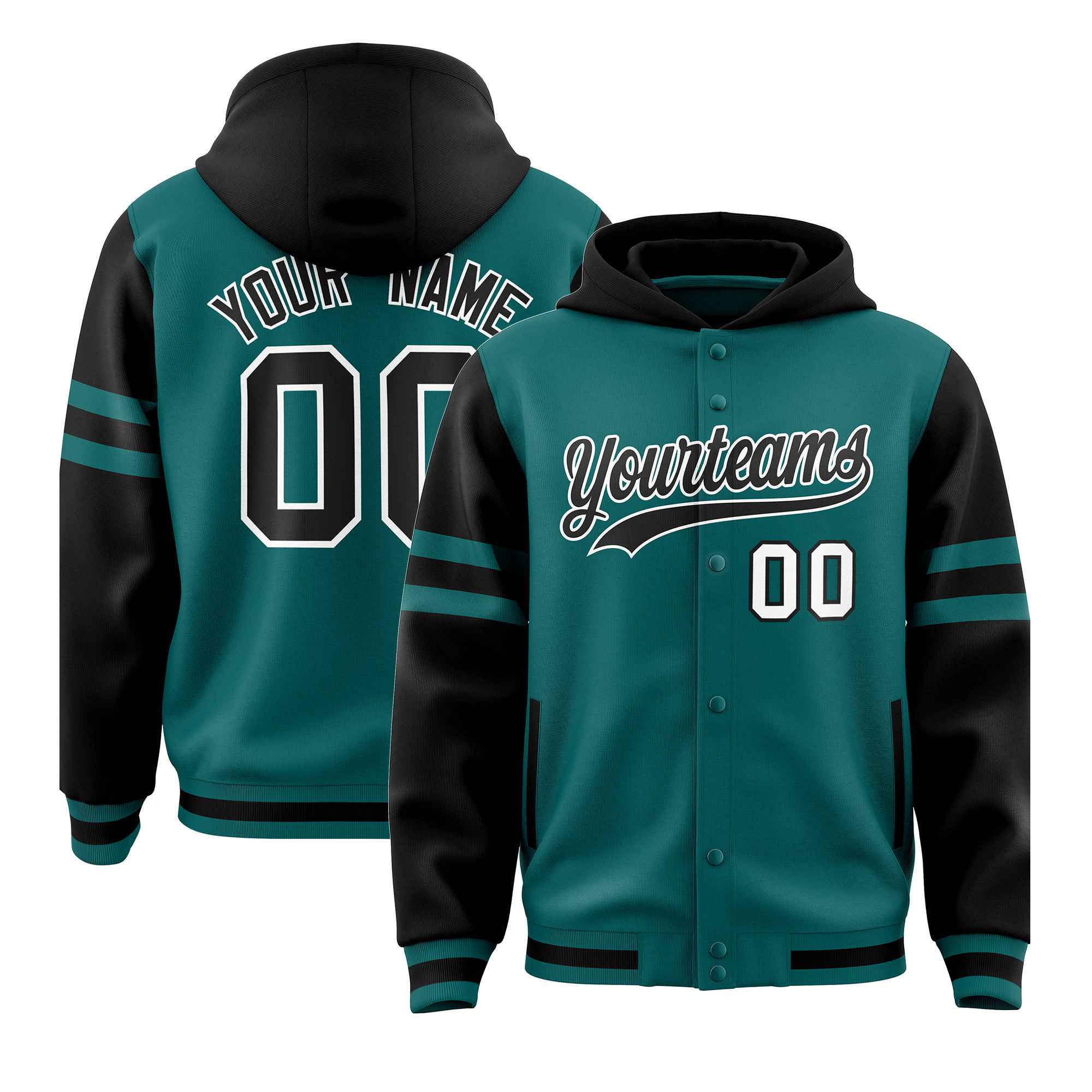 Custom Aqua Black Raglan Sleeves Varsity Full-Snap Letterman Three Stripes Hoodie Jacket