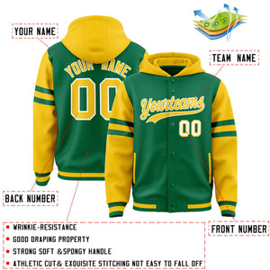 Custom Kelly Green Gold Raglan Sleeves Varsity Full-Snap Letterman Three Stripes Hoodie Jacket