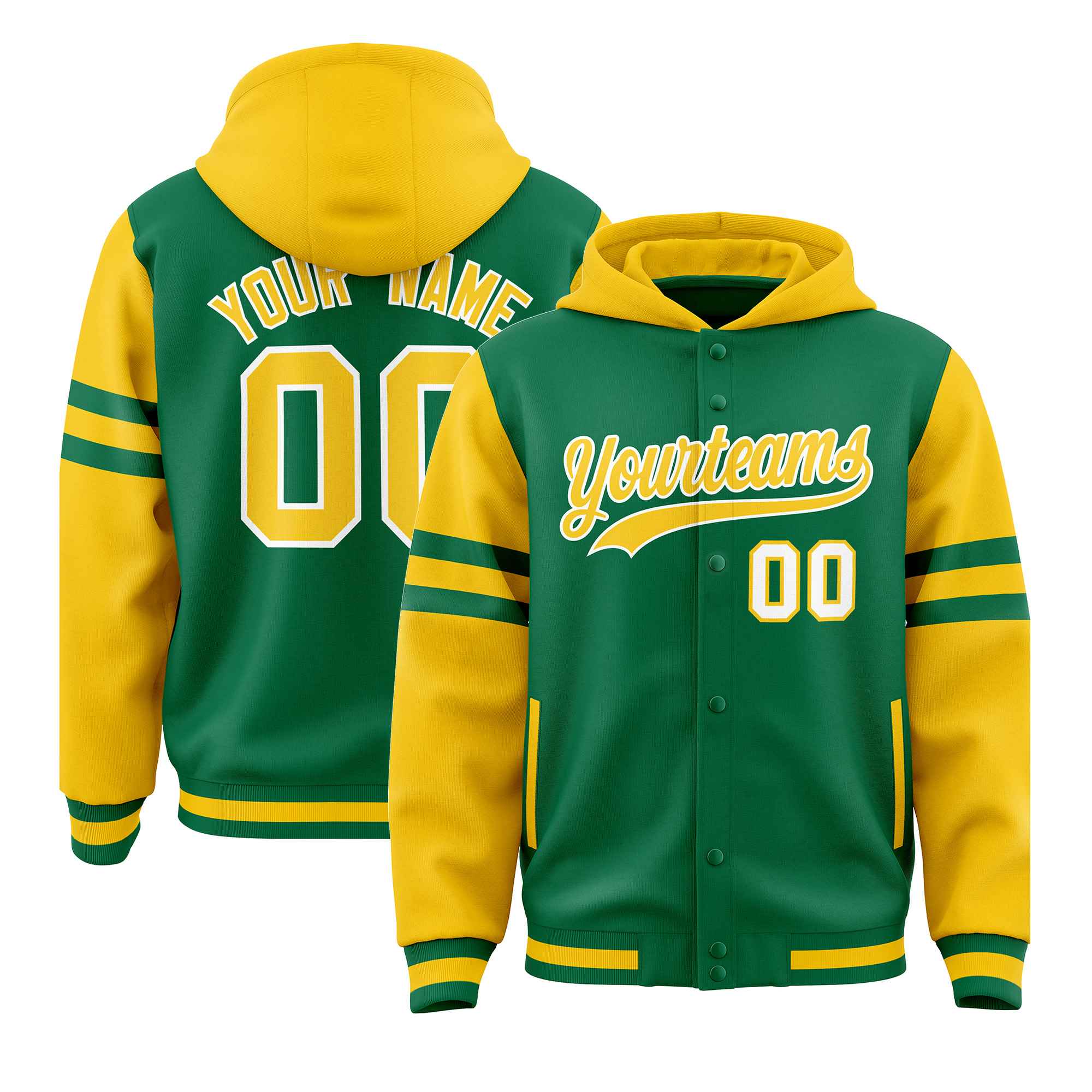 Custom Kelly Green Gold Raglan Sleeves Varsity Full-Snap Letterman Three Stripes Hoodie Jacket