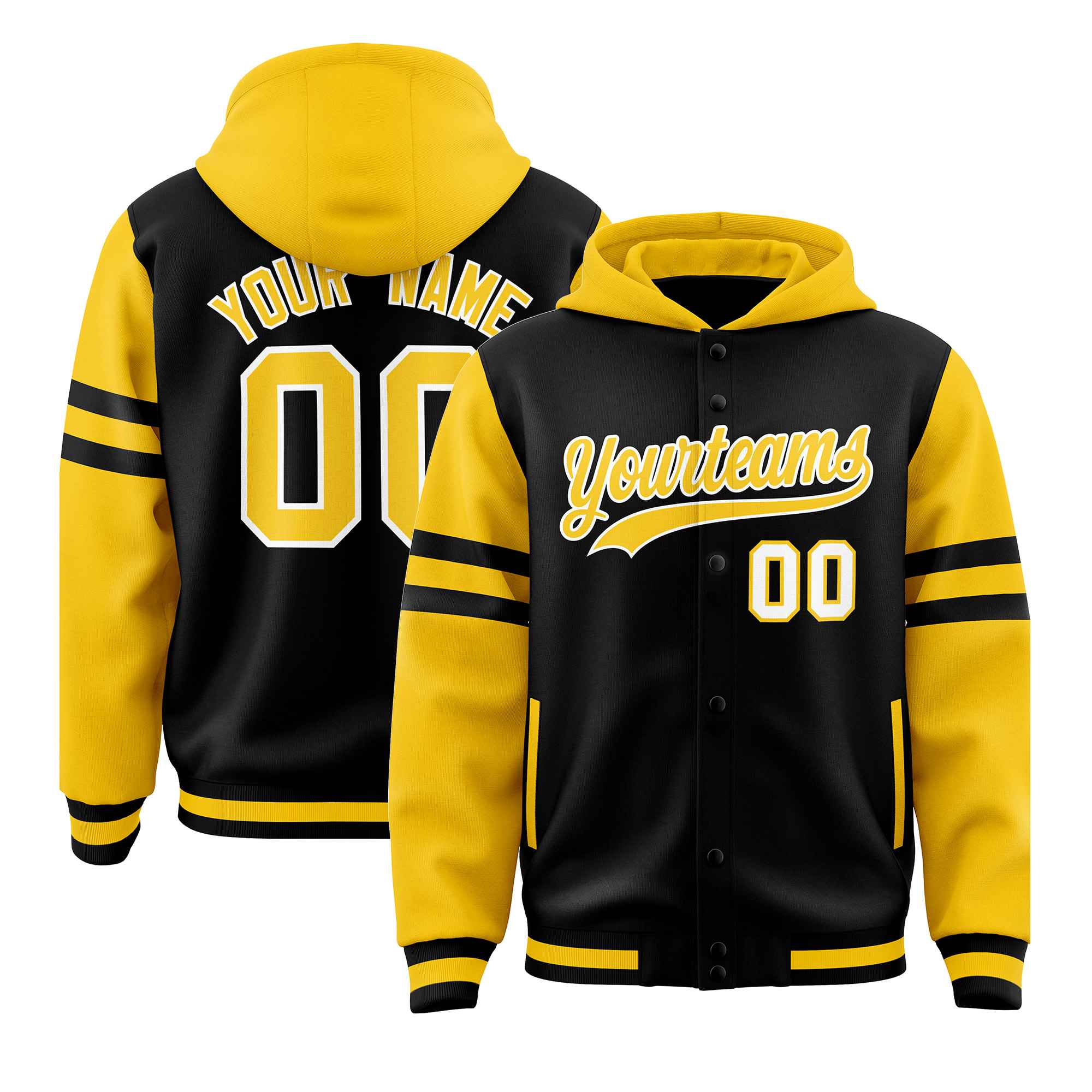 Custom Black Gold Raglan Sleeves Varsity Full-Snap Letterman Three Stripes Hoodie Jacket