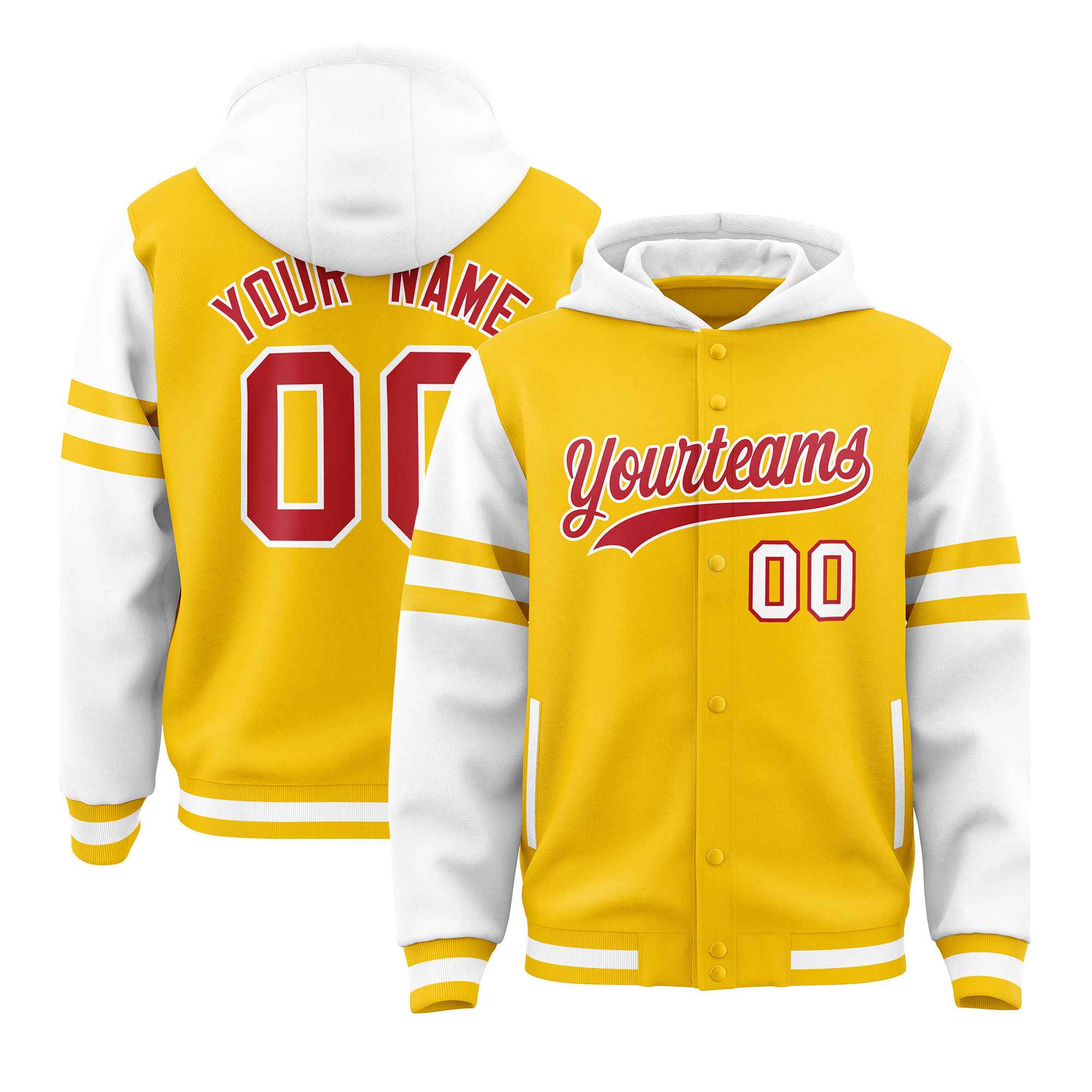 Custom Gold White Raglan Sleeves Varsity Full-Snap Letterman Three Stripes Hoodie Jacket