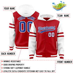 Custom Red White Raglan Sleeves Varsity Full-Snap Letterman Three Stripes Hoodie Jacket