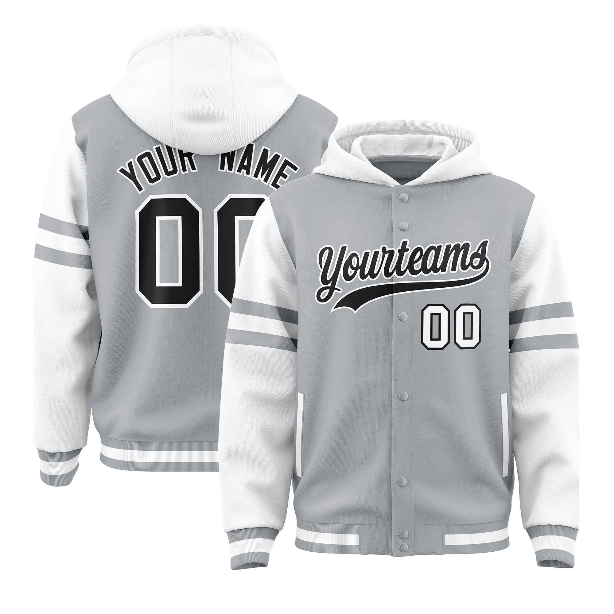 Custom Silver White Raglan Sleeves Varsity Full-Snap Letterman Three Stripes Hoodie Jacket