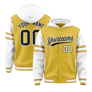 Custom Old Gold White Raglan Sleeves Varsity Full-Snap Letterman Three Stripes Hoodie Jacket