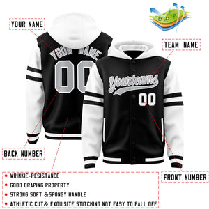 Custom Black White Raglan Sleeves Varsity Full-Snap Letterman Three Stripes Hoodie Jacket