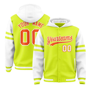 Custom Fluorescent Green White Raglan Sleeves Varsity Full-Snap Letterman Three Stripes Hoodie Jacket