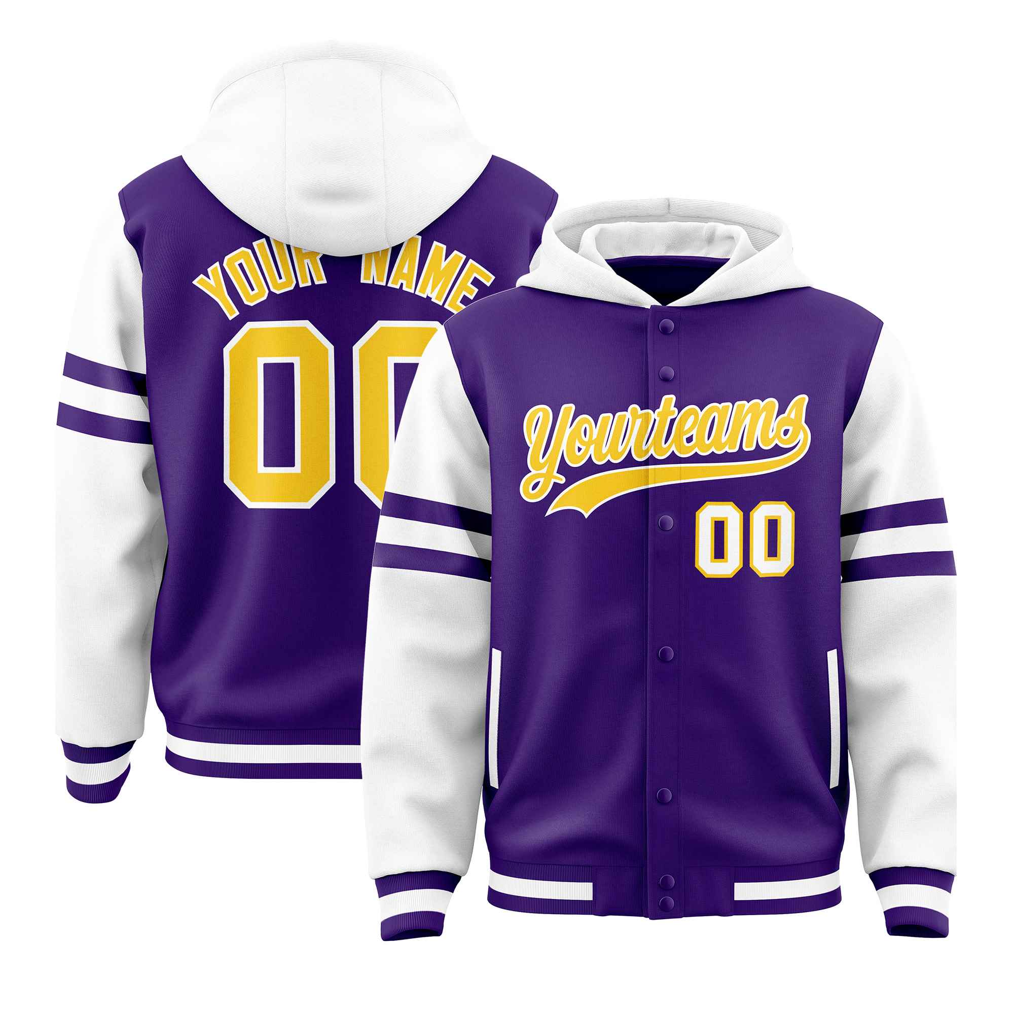 Custom Purple White Raglan Sleeves Varsity Full-Snap Letterman Three Stripes Hoodie Jacket