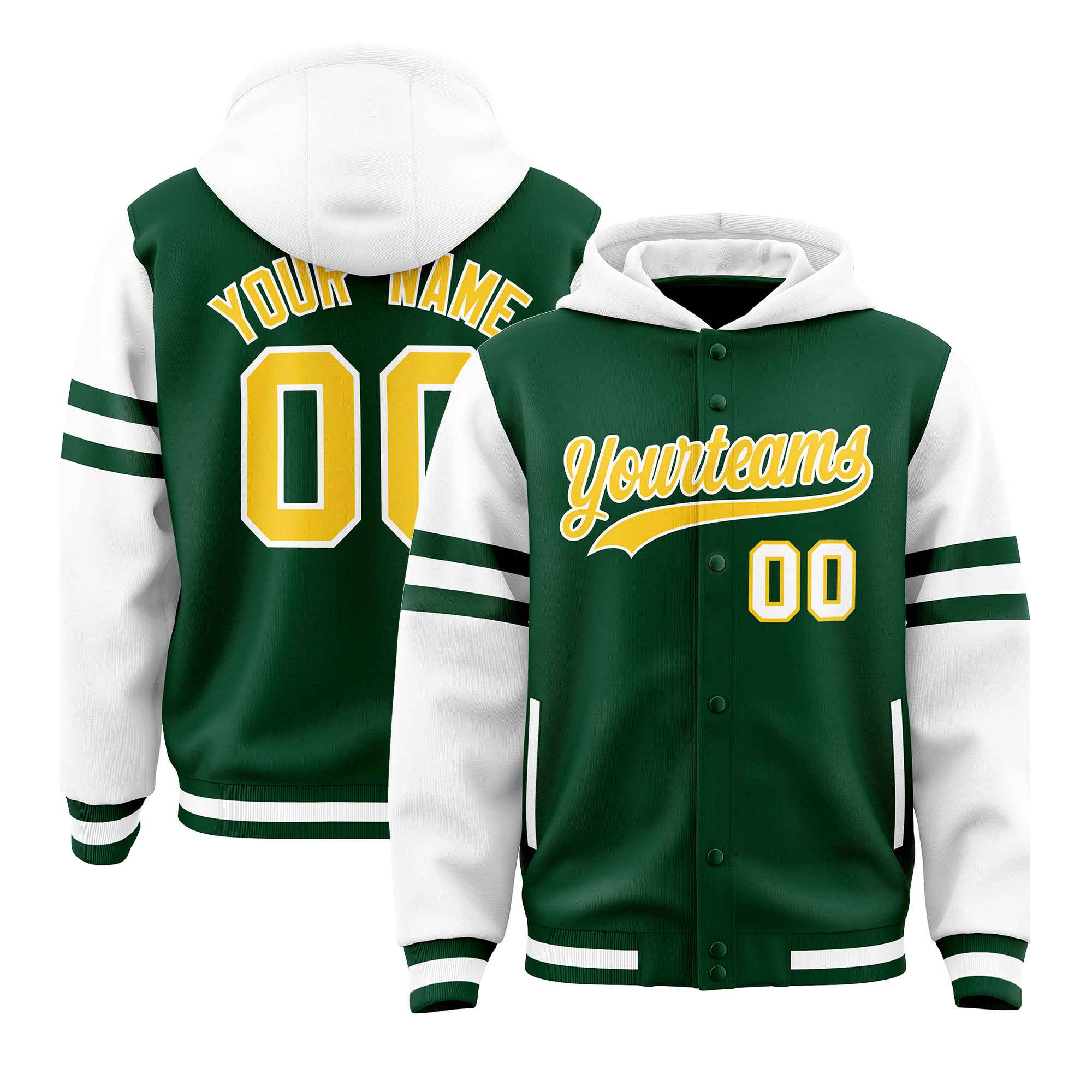 Custom Green White Raglan Sleeves Varsity Full-Snap Letterman Three Stripes Hoodie Jacket