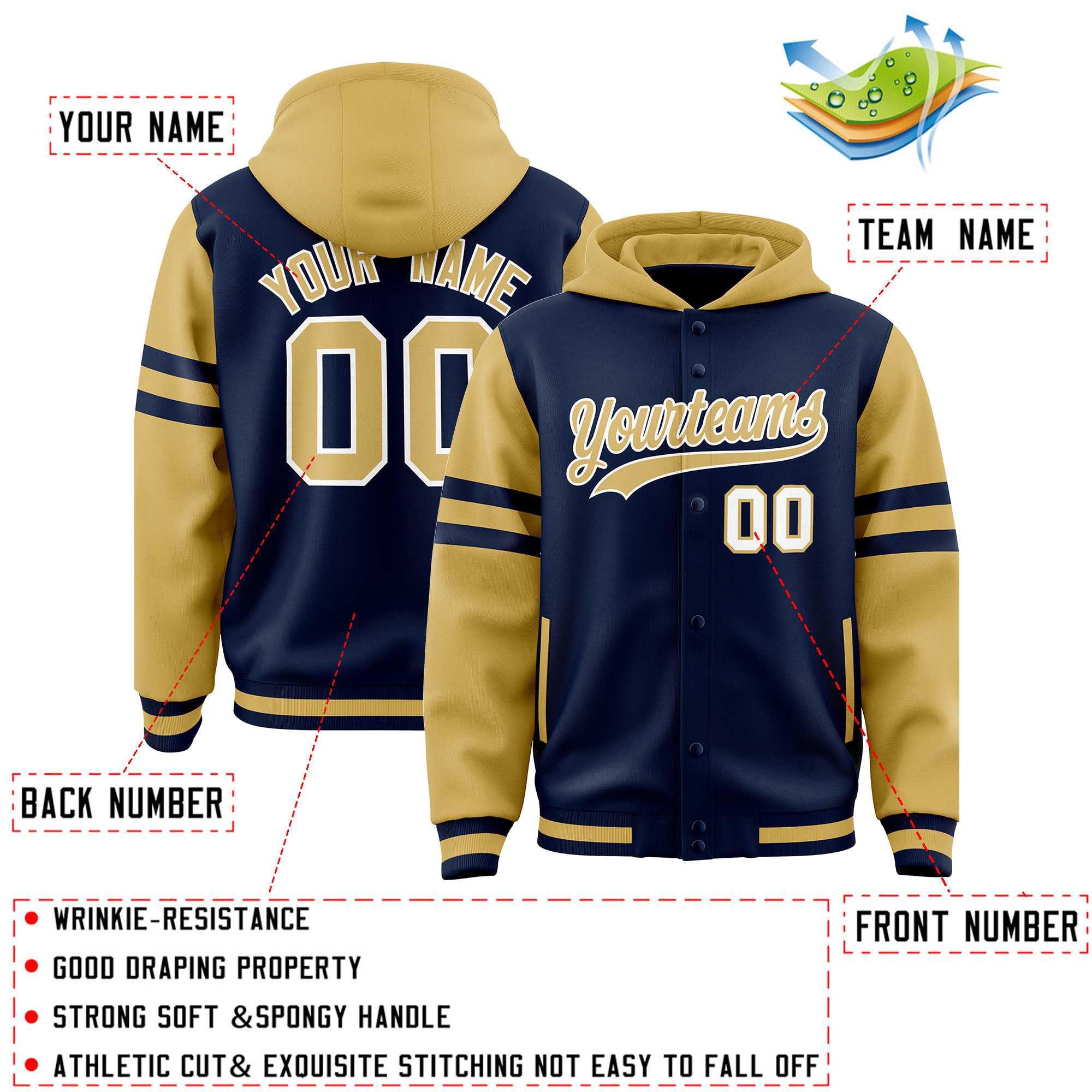 Custom Navy Old Gold Raglan Sleeves Varsity Full-Snap Letterman Three Stripes Hoodie Jacket