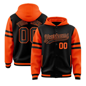 Custom Black Orange Raglan Sleeves Varsity Full-Snap Letterman Three Stripes Hoodie Jacket