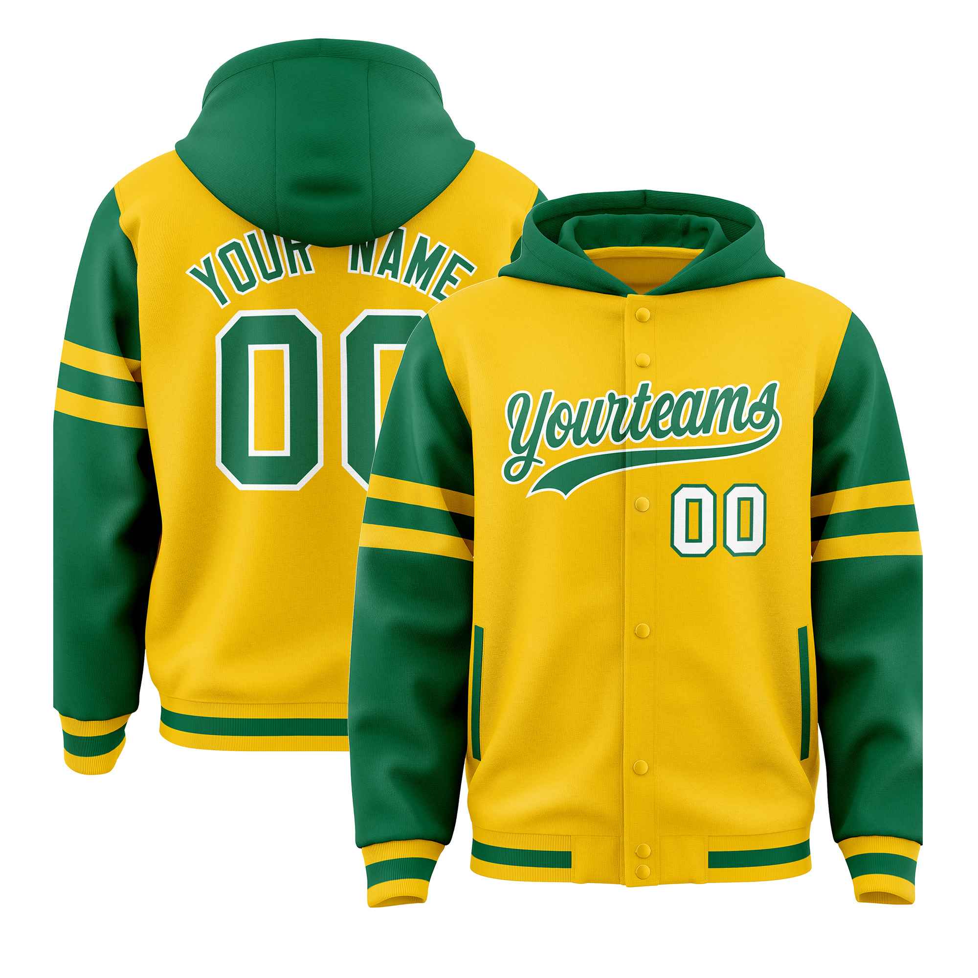 Custom Gold Kelly Green Raglan Sleeves Varsity Full-Snap Letterman Three Stripes Hoodie Jacket