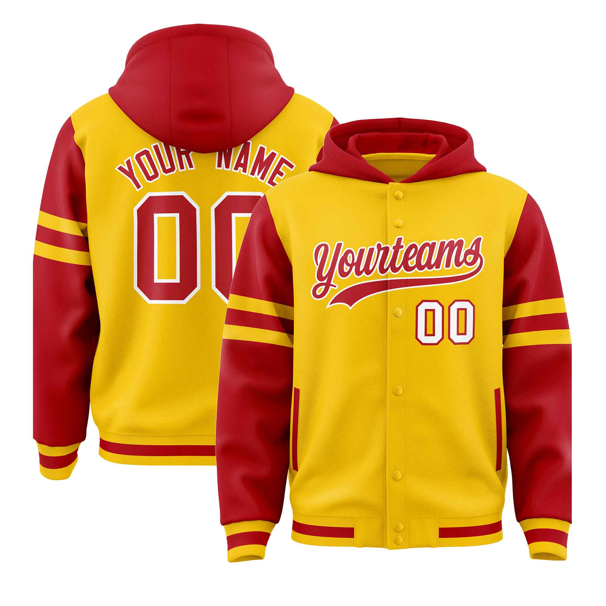 Custom Gold Red Raglan Sleeves Varsity Full-Snap Letterman Three Stripes Hoodie Jacket