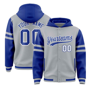 Custom Silver Royal Raglan Sleeves Varsity Full-Snap Letterman Three Stripes Hoodie Jacket