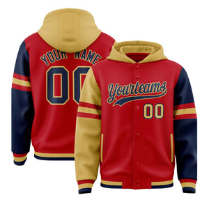 Custom Red Old Gold-Navy Raglan Sleeves Varsity Full-Snap Letterman Three Stripes Hoodie Jacket