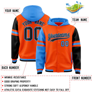 Custom Orange Powder Blue-Black Raglan Sleeves Varsity Full-Snap Letterman Three Stripes Hoodie Jacket