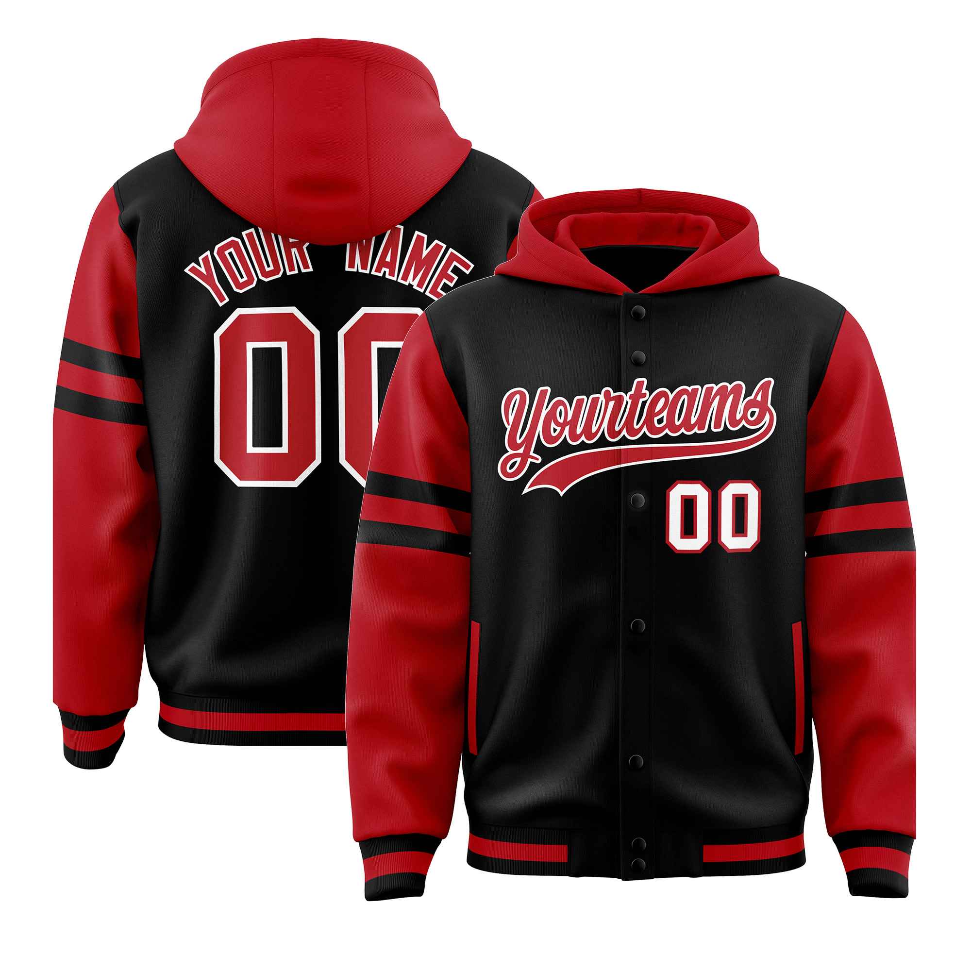 Custom Black Red Raglan Sleeves Varsity Full-Snap Letterman Three Stripes Hoodie Jacket