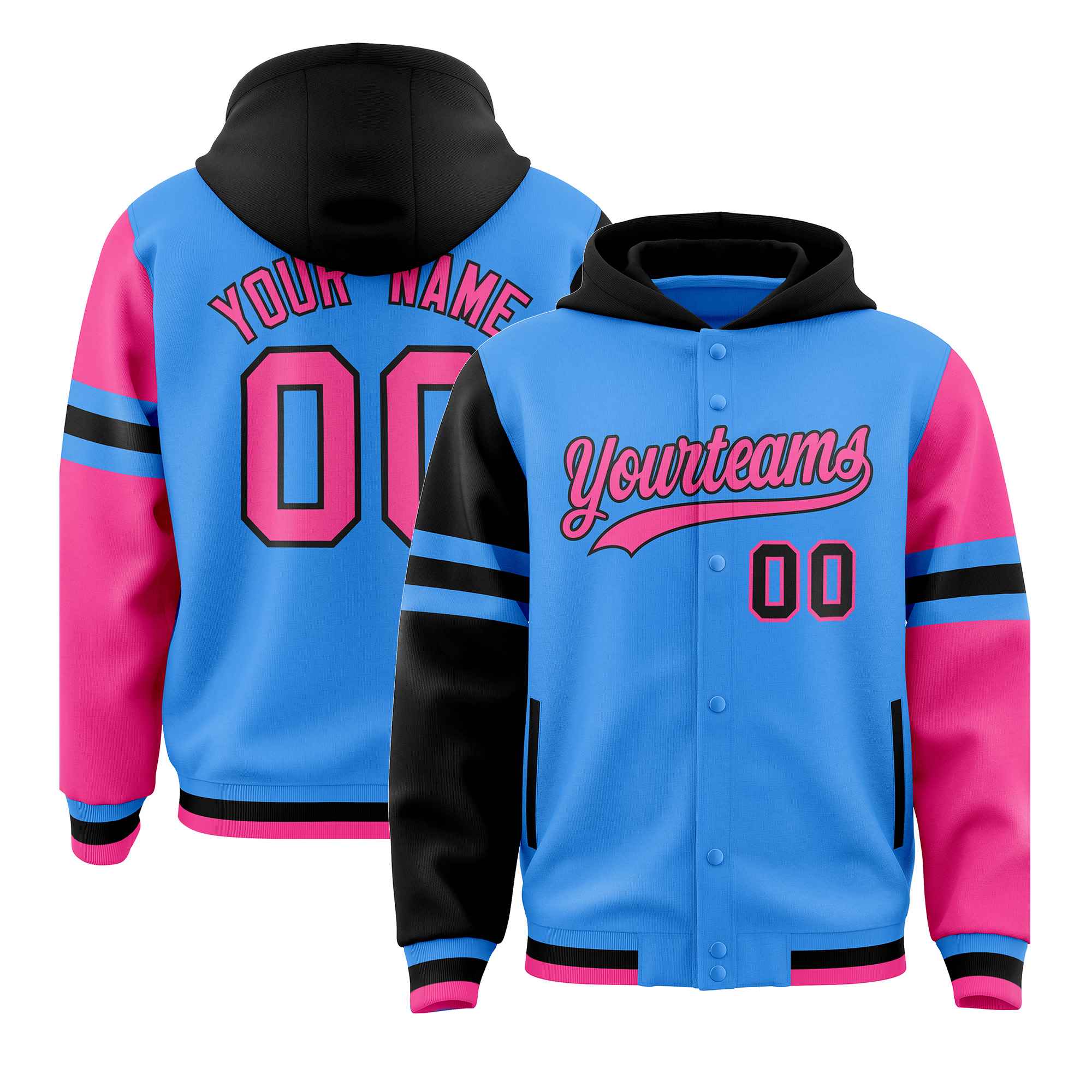 Custom Powder Blue Black-Pink Raglan Sleeves Varsity Full-Snap Letterman Three Stripes Hoodie Jacket