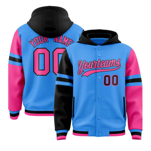 Custom Powder Blue Black-Pink Raglan Sleeves Varsity Full-Snap Letterman Three Stripes Hoodie Jacket