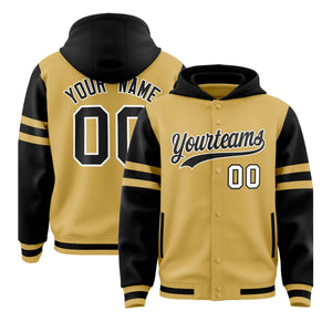 Custom Old Gold Black Raglan Sleeves Varsity Full-Snap Letterman Three Stripes Hoodie Jacket