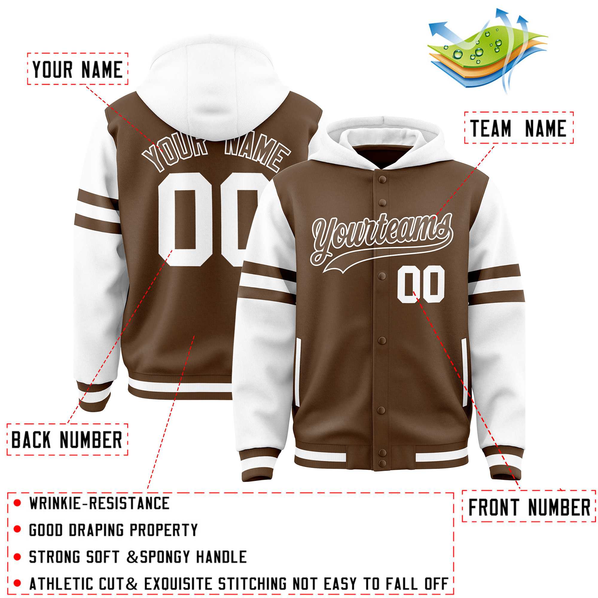 Custom Light Brown White Raglan Sleeves Varsity Full-Snap Letterman Three Stripes Hoodie Jacket