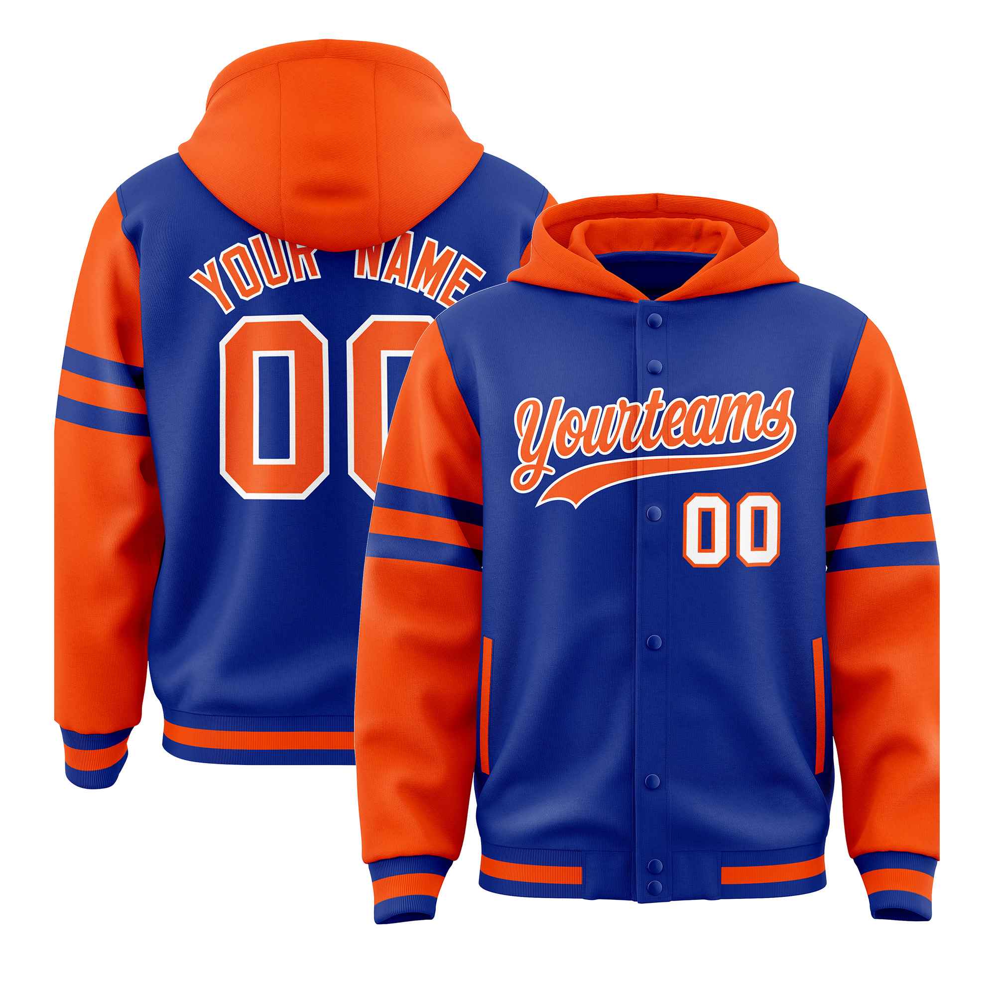 Custom Royal Orange Raglan Sleeves Varsity Full-Snap Letterman Three Stripes Hoodie Jacket