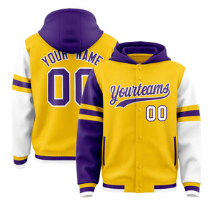 Custom Gold Purple-White Raglan Sleeves Varsity Full-Snap Letterman Three Stripes Hoodie Jacket