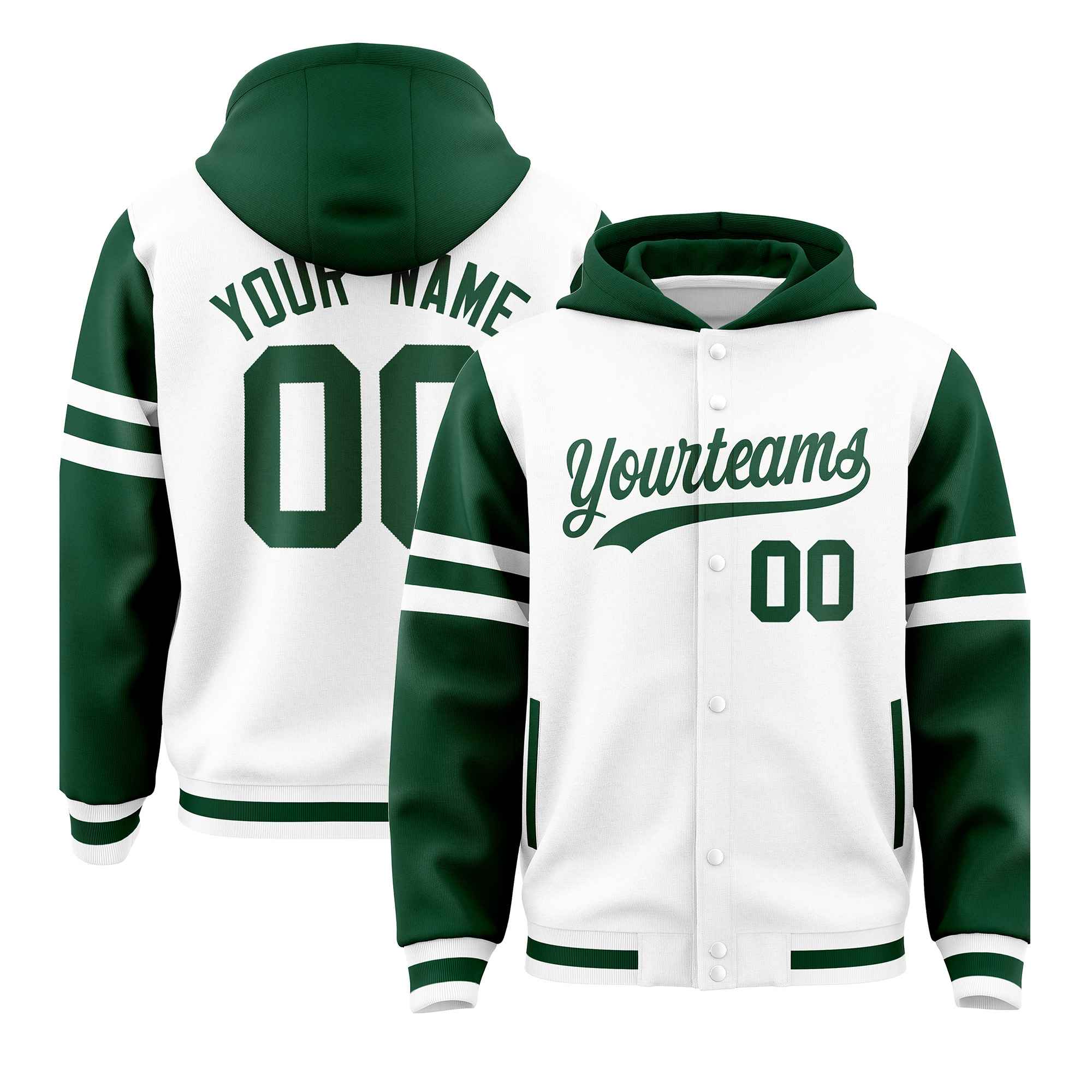 Custom White Green Raglan Sleeves Varsity Full-Snap Letterman Three Stripes Hoodie Jacket