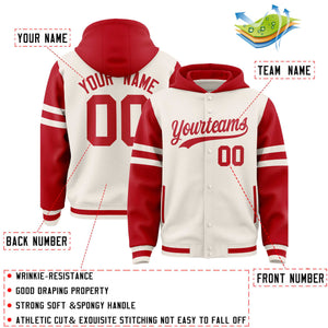 Custom Cream Red Raglan Sleeves Varsity Full-Snap Letterman Three Stripes Hoodie Jacket