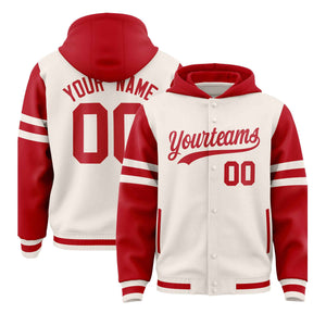 Custom Cream Red Raglan Sleeves Varsity Full-Snap Letterman Three Stripes Hoodie Jacket