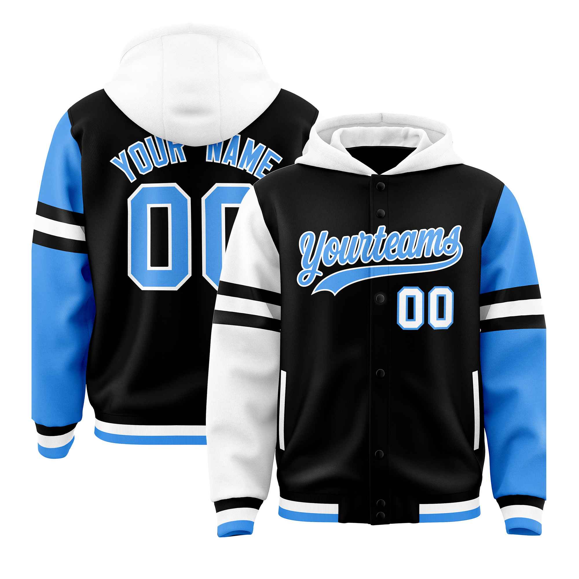 Custom Black White-Powder Blue Raglan Sleeves Varsity Full-Snap Letterman Three Stripes Hoodie Jacket