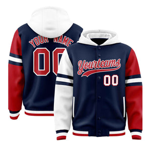 Custom Navy White-Red Raglan Sleeves Varsity Full-Snap Letterman Three Stripes Hoodie Jacket