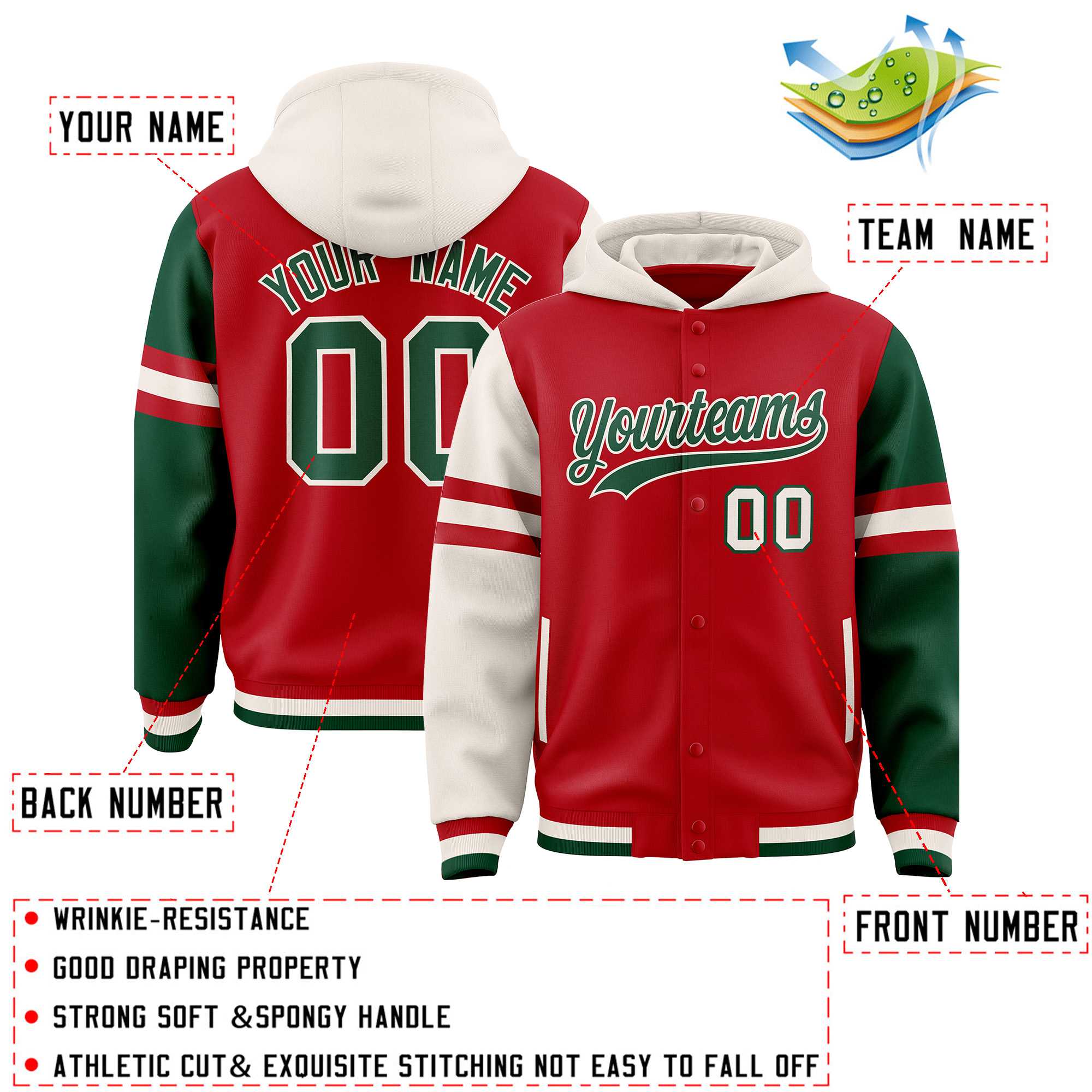 Custom Red Cream-Green Raglan Sleeves Varsity Full-Snap Letterman Three Stripes Hoodie Jacket