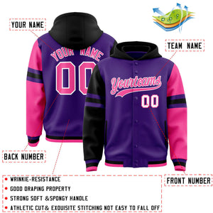 Custom Purple Black-Pink Raglan Sleeves Varsity Full-Snap Letterman Three Stripes Hoodie Jacket