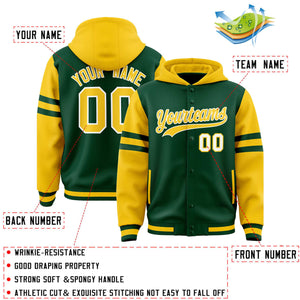 Custom Green Gold Raglan Sleeves Varsity Full-Snap Letterman Three Stripes Hoodie Jacket