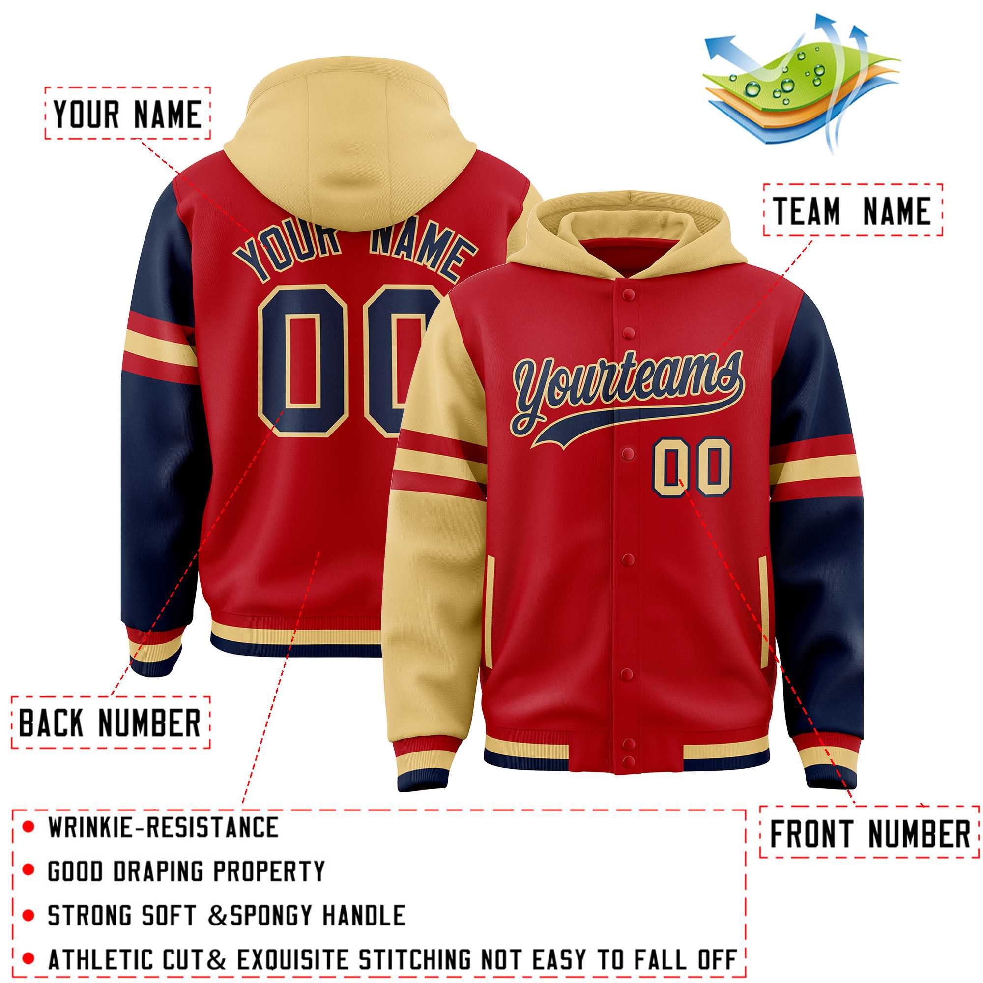 Custom Red Old Gold-Navy Raglan Sleeves Varsity Full-Snap Letterman Three Stripes Hoodie Jacket