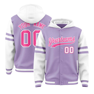 Custom Light Purple White Raglan Sleeves Varsity Full-Snap Letterman Three Stripes Hoodie Jacket