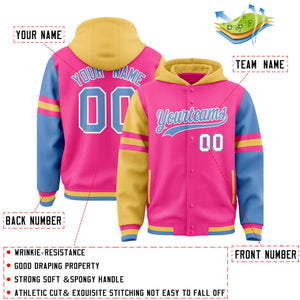 Custom Pink Khaki-Light Blue Raglan Sleeves Varsity Full-Snap Letterman Three Stripes Hoodie Jacket